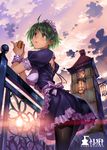  ahoge bad_id bad_pixiv_id black_legwear blue_eyes breasts can cloud comic_party covered_nipples evening frills from_below green_hair leaning_forward maid maid_headdress medium_breasts ooba_eimi pantyhose railing short_hair sky solo sun sunlight sunset twilight vania600 wrist_cuffs 