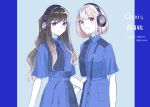  2girls absurdres blonde_hair blue_background blue_dress brown_hair closed_mouth collared_dress commentary_request dated dress hand_on_another&#039;s_waist headphones highres inoue_takina long_hair looking_at_viewer lycoris_recoil lycoris_uniform medium_hair multiple_girls nishikigi_chisato open_mouth purple_eyes red_eyes short_sleeves smile twitter_username upper_body yuri_kyanon 