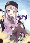  absurdres bangs bicycle blurry depth_of_field eyebrows_visible_through_hair flower grey_hair ground_vehicle hat highres legwear_under_shorts long_hair looking_at_viewer original pantyhose purple_eyes scarf shiro_(octet) shorts sitting solo twintails 