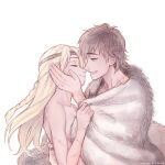  1boy 1girl arm_around_waist astrid_hofferson blanket blonde_hair blue_eyes braid brown_hair closed_eyes couple from_side fur_blanket green_eyes grin hairband happy headband hiccup_horrendous_haddock_iii how_to_train_your_dragon husband_and_wife imminent_kiss long_hair noses_touching seoyeon short_hair simple_background smile upper_body white_background wrapped 