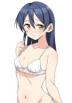  1girl armpit_crease bare_shoulders bikini blue_hair blush breasts breasts_apart closed_mouth collarbone commentary_request djpwjd1 furrowed_brow groin hair_between_eyes highres long_hair looking_at_viewer love_live! love_live!_school_idol_project midriff navel panties sidelocks small_breasts solo sonoda_umi swimsuit underwear upper_body white_background white_bikini white_panties yellow_eyes 