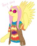  &#9774; clothing colored_text english_text equine eyewear female fluttershy_(mlp) friendship_is_magic hair hasbro hippie jewelry mammal my_little_pony necklace peace pegasus pink_hair solo sunglasses text tie-dye tie_dye vest wings yellow_body 
