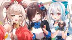  3girls :d armpits ather_(monmusu_td) black_gloves black_jacket blue_bow blue_hair blurry blurry_background blush bow bowtie breasts brown_eyes brown_hair brown_ribbon choker collarbone dot_nose double_v dress fang feather_trim female_prince_(sennen_sensou_aigis) fingernails furrowed_brow gloves hair_between_eyes hair_bow hair_over_one_eye hair_ribbon heart heart_hands highres idol indoors jacket light_brown_hair long_fingernails long_hair looking_at_viewer medium_breasts monster_musume_td multicolored_hair multiple_girls one_eye_covered oshiro_project:re ponytail red_eyes red_ribbon ribbon second-party_source selfie sennen_sensou_aigis shirt sideboob skin_fang sleeveless sleeveless_dress smile streaked_hair tassel teeth thick_eyebrows twintails upper_body upper_teeth_only v v_over_mouth white_dress white_hair white_shirt yanagawa_(oshiro_project) 