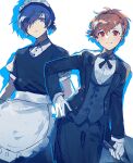 1boy 1girl absurdres apron black_dress black_necktie black_pants black_vest blue_hair blue_outline bolo_tie bow brown_hair butler closed_mouth coat collared_dress collared_shirt crossdressing dress drop_shadow female_butler frilled_apron frills frown gloves grey_eyes hair_between_eyes hair_bow hair_ornament hair_over_one_eye hairclip hand_on_own_hip highres holding long_sleeves looking_at_viewer maid maid_apron maid_headdress male_maid necktie official_alternate_costume open_clothes open_coat outline pants persona persona_3 persona_3_portable ponytail puffy_short_sleeves puffy_sleeves red_bow red_eyes room_rem shiomi_kotone shirt short_hair short_sleeves simple_background smile vest waist_apron white_apron white_background white_gloves white_shirt wing_collar yuuki_makoto_(persona_3) 