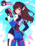  1girl absurdres ass bodysuit breasts brown_hair d.va_(overwatch) facial_mark gloves gun hand_on_own_hip handgun headphones highres holding holding_gun holding_weapon long_hair looking_at_viewer looking_back overwatch parted_lips pilot_suit pixel_art solo weapon whisker_markings white_gloves yumykon 