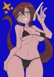  1girl absurdres aile_(mega_man_zx) bare_shoulders bikini black_bikini blue_background blush bottomless breasts brown_hair buzzlyears collarbone green_eyes highres large_breasts long_hair mega_man_(series) mega_man_zx mega_man_zx_advent navel open_mouth ponytail revealing_clothes robot_ears simple_background smile smug solo star_(symbol) swimsuit v 