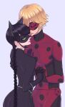  1boy 1girl adrien_agreste animal_ears black_bodysuit black_hair black_mask blonde_hair bodysuit braid cat_ears cat_girl closed_eyes closed_mouth gongonsrr green_eyes grey_background highres holding_hands lady_noir long_hair marinette_dupain-cheng mask miraculous_ladybug misterbug_(character) red_bodysuit red_mask simple_background single_braid slit_pupils superhero_costume 