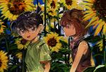  1boy 1girl bare_shoulders black_hair blue_eyes blue_sky brown_hair child cloud collared_shirt day edogawa_conan flower glasses green_shirt haibara_ai hair_between_eyes highres leaf looking_at_another meitantei_conan open_mouth outdoors profile purple_shirt round_eyewear segami shirt short_hair short_sleeves sky sleeveless sleeveless_shirt smile sunflower yellow_flower 