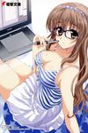  adobe_photoshop blush breasts brown_eyes brown_hair camisole cleavage computer glasses hairband headband highres large_breasts long_hair nogizaka_haruka nogizaka_haruka_no_himitsu open_mouth shaa sitting skirt solo source_request stylus tablet 