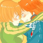  1girl artist_request blush couple eye_contact face-to-face forehead-to-forehead hanamura_yousuke headphones hetero jacket looking_at_another orange_hair persona persona_4 satonaka_chie short_hair track_jacket 