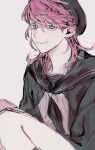  1boy beret black_shirt blue_eyes bow bowtie ear_piercing eyelashes from_side hat highres kan2a looking_at_viewer male_focus messy_hair piercing pink_hair scar scar_on_face shirt simple_background sitting smile solo tokyo_revengers uniform wolf_cut 