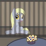  blonde_hair cage crying derpy_hooves_(mlp) equine eyelashes female feral food friendship_is_magic grey_body hair hasbro horse mammal muffin my_little_pony pegasus pony prison sad solo table tears unknown_artist wings yellow_eyes 