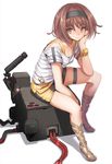  brown_hair face hairband hand_on_own_face machine original saitou_masatsugu shirt short_hair shorts sitting sitting_on_object smile solo yellow_eyes 