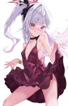  1girl absurdres ass black_choker black_hairband blue_archive blush breasts choker clothes_lift collarbone dress dress_lift gisi_(gicgic_draw) grey_hair grin hairband halo highres lifted_by_self long_hair looking_at_viewer mutsuki_(blue_archive) mutsuki_(dress)_(blue_archive) one_side_up pink_eyes pointy_ears red_dress red_halo simple_background sleeveless sleeveless_dress small_breasts smile solo white_background 