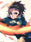  1boy black_hair demon_slayer_uniform earrings fire haori holding japanese_clothes jewelry kamado_tanjirou kimetsu_no_yaiba long_hair long_sleeves looking_at_viewer male_focus multicolored_hair red_eyes scar scar_on_face scar_on_forehead shirukokko short_hair simple_background solo teeth v-shaped_eyebrows white_background 