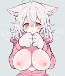  1girl :o ahoge animal_ear_fluff animal_ears animal_hands breasts breasts_out cat_ears cat_girl cat_paws clarevoir grey_background hair_between_eyes highres hood hood_down huge_breasts lactation light_blush long_hair looking_at_viewer nipples open_mouth original pajamas pale_skin pink_pajamas simple_background solo sweat sweatdrop upper_body white_hair yellow_eyes 