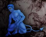  abstract_background balls big black blue blue_hair blue_skin butt censored cool_colors hair happy kurt_wagner male marvel muscles mutant nightcrawler nude pecs penis pointy purple smoke solo tail unknown_artist x-men 