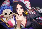  1girl animal black_hair blue_eyes boa_hancock closed_mouth commentary earrings fangs highres jewelry long_hair looking_at_viewer one_piece open_mouth salome_(one_piece) skull snake snake_earrings water4829 