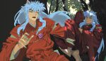  against_tree animal_ears arm_across_chest arm_behind_head arm_up arrow_(projectile) arrow_through_heart barefoot black_background bow claws commentary crossed_legs dappled_sunlight day dog_ears hakama half-closed_eye hand_up highres in_tree injury inuyasha inuyasha_(character) japanese_clothes japtangtang2 jewelry kimono korean_commentary leaning_back long_hair looking_down male_focus multiple_views necklace open_mouth orb outdoors red_bow red_kimono shikon_no_tama sidelocks sitting sunlight teeth thick_eyebrows tree upper_teeth_only very_long_hair white_hair yellow_eyes 