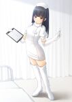  1girl bed black_hair boots brown_eyes clipboard commission digital_thermometer dress elbow_gloves flat_chest full_body gloves hat highres long_hair nurse nurse_cap original pixiv_commission shibacha solo standing thermometer thigh_boots white_dress white_footwear white_gloves white_hat 