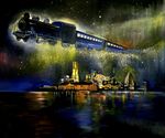  aurora bad_id bad_pixiv_id city city_lights cityscape ferris_wheel ginga_tetsudou_no_yoru locomotive night night_sky no_humans ocean oil_painting_(medium) reflection scenery sky star_(sky) starry_sky steam_locomotive traditional_media 