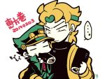  ... 2boys aged_down black_hair blonde_hair carrying carrying_person closed_eyes closed_mouth coat dated dio_brando earrings food green_coat green_hat hat jacket jewelry jojo_no_kimyou_na_bouken kotorai kujo_jotaro makizushi male_focus multiple_boys no_nose short_hair signature spoken_ellipsis sushi translation_request yellow_jacket 