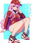  1girl absurdres baseball_cap darling_in_the_franxx green_eyes hat highres horns japanese_ranguage long_hair looking_at_viewer nike_(company) pink_hair pixel_art ranguage red_horns solo yumykon zero_two_(darling_in_the_franxx) 