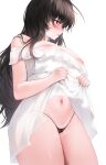  1girl absurdres areola_slip black_hair black_panties blush breasts clothes_lift commission coqua dress dress_lift highres large_breasts lifted_by_self long_hair navel open_mouth original panties red_eyes solo standing strapless strapless_dress thick_thighs thighs thong underwear white_background 