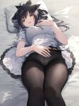  1girl absurdres animal_ear_fluff animal_ears arknights bed_sheet black_hair black_pantyhose breasts cat_ears commentary feet_out_of_frame fine_fabric_emphasis floppy_ears frills gathers green_eyes hand_on_own_chest hand_on_own_stomach high_ponytail highres jessica_(arknights) lace lace_panties long_hair looking_at_viewer lying medium_breasts multicolored_hair on_back panties panties_under_pantyhose pantyhose parted_lips pillow purple_hair shirt short_sleeves sishui_liuyue solo tearing_up two-tone_hair underwear wavy_mouth white_panties white_shirt 
