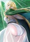 2024 absurd_res big_butt blonde_hair blush bottomwear braided_hair breasts butt butt_focus cape clothing elf eltolinde_(unicorn_overlord) female green_cape green_eyes hair hi_res humanoid humanoid_pointy_ears huyunooka leaning leaning_forward leotard looking_at_viewer looking_back looking_down low-angle_view medium_breasts not_furry outside plant pose solo tan_body tan_skin thick_thighs topwear tree unicorn_overlord vanillaware white_bottomwear white_clothing white_leotard white_topwear