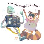 2024 anthro belly brown_body circus_bell clothing dancing duo english_text eyes_closed machine male mammal open_mouth procyonid raccoon rascal_(robot_dreams) robot robot_(robot_dreams) robot_dreams shirt simple_background slightly_chubby smile text topwear