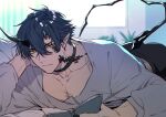  1boy arknights black_hair book choker demon_tail flamebringer_(arknights) horns looking_at_viewer loose_clothes loose_shirt male_focus on_bed orange_eyes pectorals pointy_ears scar scar_on_chest shirt tail toriyoshi window 