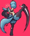 3_toes absurd_res anthro biped black_body black_fingers blue_body blue_ears blue_tail fangs feet female fur generation_4_pokemon hi_res jwbash kick lucaria_(doodtoon) lucario nintendo pawpads paws pink_pawpads pokemon pokemon_(species) pose pupils rear_view red_eyes simple_background sketch sleeves slit_pupils solo sparkles spikes spikes_(anatomy) standing tail tan_body tan_fur teeth toes