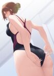  1girl adjusting_clothes adjusting_swimsuit aketa_mikoto ass back_cutout blush breasts brown_hair clothing_cutout competition_swimsuit from_below gradient_hair hair_bun highleg highleg_swimsuit highres idolmaster idolmaster_shiny_colors kirou_(kiruyuu1210) large_breasts multicolored_hair one-piece_swimsuit sideways_glance single_hair_bun solo swimsuit two-tone_one-piece_swimsuit water_drop 