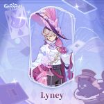  1boy animal animal_ears cat coral facial_mark formal genshin_impact gloves hat hat_feather high-waist_pants highres long_sleeves lyney_(genshin_impact) official_alternate_costume official_art pants purple_eyes short_hair smile teardrop_facial_mark top_hat 