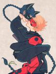  1boy 1girl adrien_agreste animal_ears black_bodysuit black_hair black_mask blonde_hair bodysuit braid cat_ears cat_girl closed_mouth green_eyes highres hug k202840fukuona lady_noir long_hair looking_at_another marinette_dupain-cheng mask miraculous_ladybug misterbug_(character) red_bodysuit red_mask simple_background single_braid smile superhero_costume 