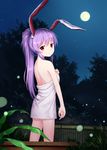  alternate_hairstyle animal_ears back bare_back blush bunny_ears from_behind full_moon highres long_hair looking_back moon naked_towel night night_sky outdoors ponytail purple_hair red_eyes reisen_udongein_inaba sky smile solo star touhou towel tucana 