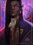  1boy ascot backlighting brown_hair castlevania:_nocturne castlevania_(series) dark-skinned_male dark_skin disdain dudke_(dudkaart) earrings green_eyes highres jewelry long_hair male_focus mature_male olrox single_earring solo thick_eyebrows upper_body very_dark_skin 