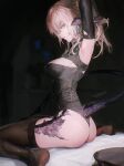  1girl absurdres arm_up armpits ass au_ra black_gloves black_horns black_leotard black_scales black_tail black_thighhighs blue_eyes breasts commentary dragon_girl dragon_horns dragon_tail final_fantasy final_fantasy_xiv from_side gloves hand_in_own_hair highres horn_ornament horn_ring horns indoors leotard looking_at_viewer looking_to_the_side medium_breasts no_shoes on_bed profile scales shikina_(mochigushi_) sitting solo tail thighhighs wariza 
