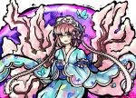  1girl blue_kimono blue_sash bug butterfly collarbone commentary commission english_commentary headdress highres japanese_clothes kimono lis_(lislisette) long_sleeves looking_at_viewer open_mouth pink_eyes pink_hair saigyouji_yuyuko sash short_hair solo touhou wide_sleeves 