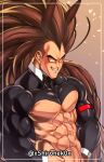  1boy abs animal_ears bara bare_pectorals black_hair brown_hair crossdressing dragon_ball dragon_ball_z grin highres long_hair looking_at_viewer male_focus male_playboy_bunny meme_attire muscular muscular_male navel no_nipples pectorals rabbit_ears raditz reverse_bunnysuit reverse_outfit shironek0 shrug_(clothing) smile solo spiked_hair stomach thick_eyebrows 