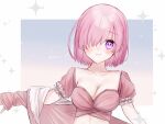  1girl alternate_costume blush breasts cleavage closed_mouth collarbone crop_top fate/grand_order fate_(series) hair_over_one_eye harukappa highres looking_at_viewer mash_kyrielight medium_breasts pink_eyes pink_hair short_hair short_sleeves smile solo straight_hair upper_body 