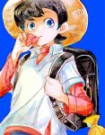  1boy backpack bag black_hair blue_background blue_eyes hat long_sleeves male_focus mihira_sanpei oh3ru red_shirt shirt short_hair simple_background solo straw_hat tsurikichi_sanpei upper_body white_shirt 