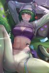  1girl animal_hat arknights arms_behind_head arms_up beanie belt_pouch blush breasts cat_hat character_name cleavage commentary_request cropped_jacket cuffs dated ela_(rainbow_six_siege) green_eyes green_hair hairtail handcuffs hat highres knee_up looking_at_viewer lying navel on_back paw_print pillow pouch rainbow_six_siege short_hair signature solo spread_legs sweat unworn_hat unworn_headwear 