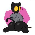 2020 anthro artist_name big_breasts big_butt black_body black_eyes black_fur bottomless breasts butt clothed clothing digital_media_(artwork) domestic_cat felid feline felis female fur google google_doodle grey_clothing grey_topwear hi_res looking_back magic_cat_academy mammal momo_(google) mouthless panickingad rear_view simple_background solo tail topwear wand watermark yellow_sclera