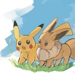  :3 animal_focus black_eyes blue_background blue_sky closed_mouth commentary_request day eevee eye_contact full_body grass happy highres looking_at_another neck_fur no_humans open_mouth outdoors partial_commentary pikachu pokemon pokemon_(creature) sky smile standing taishinten 