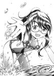  :d bent_over bikini c_(neta) flat_chest front-tie_top genshiken glasses greyscale groin long_hair monochrome open_mouth outstretched_hand polka_dot polka_dot_bikini polka_dot_swimsuit ponytail semi-rimless_eyewear smile solo splashing swimsuit under-rim_eyewear wading water water_drop yoshitake_rika 