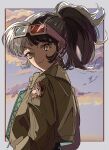  1girl 3d_glasses absurdres an-an_lee black_hair border closed_mouth cloud eyewear_on_head from_side green_jacket grey_border highres jacket looking_at_viewer looking_to_the_side medium_hair natsugu72 outside_border ponytail purple_sky reverse:1999 sidelighting sky smile solo turning_head upper_body yellow_eyes 