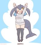  1girl arms_up blue_background blue_hair blue_whale_(kemono_friends) boots cetacean_tail coroha fins fish_tail full_body glasses grey_hair grey_sweater hair_ornament head_fins jumping kemono_friends looking_at_viewer multicolored_hair short_hair simple_background solo sweater tail two-tone_hair 