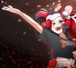  1girl absurdres animal_ears black_hair blue_eyes commentary english_commentary glowstick hakos_baelz hat highres hololive hololive_english microphone midriff mini_hat mouse_ears multicolored_hair navel open_mouth petals red_hair shirt snowmya tied_shirt twintails virtual_youtuber white_hair 